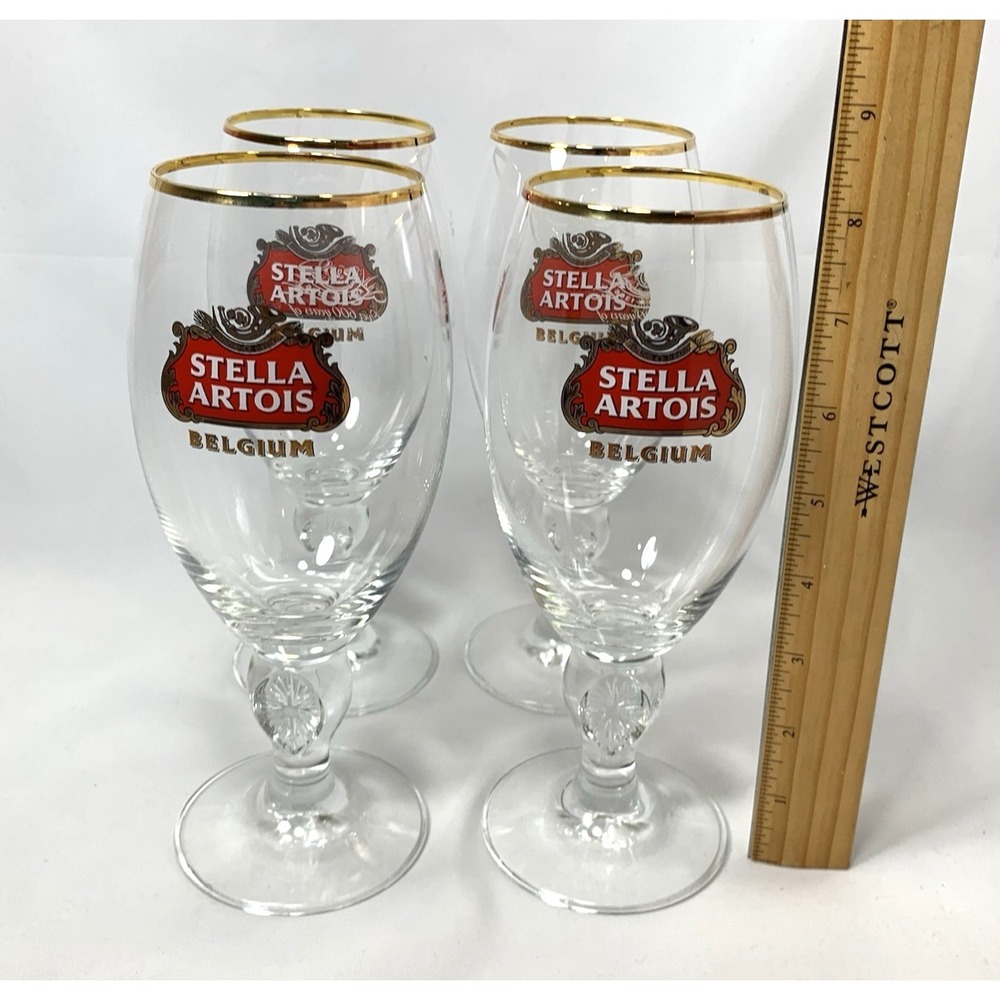 Stella Artois Beer Glass Chalice -SET of 4-Clear Belgium Gold Rim 600 Years... - Picture 8 of 8